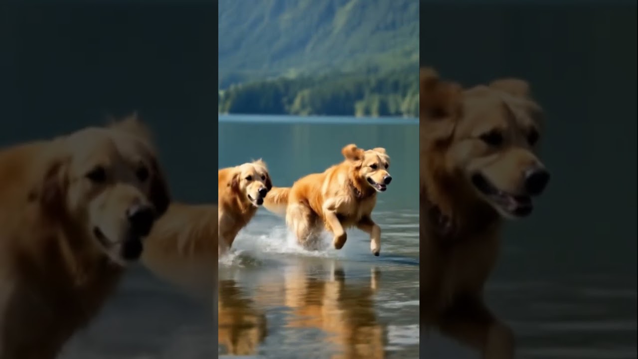 Two dogs running on water. 