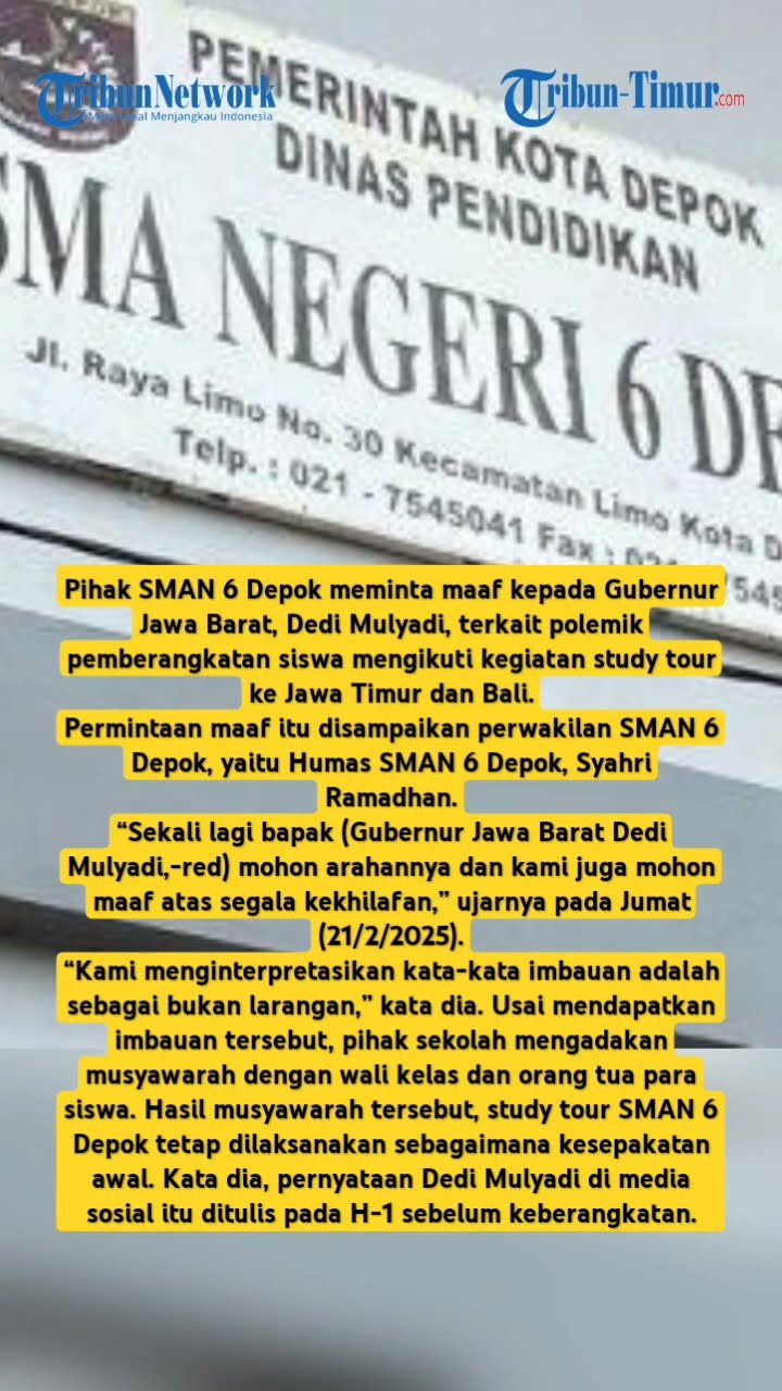 SMAN 6 Depok Minta Maaf kepada Gubernur Jabar Dedi Mulyadi Terkait Polemik Study Tour