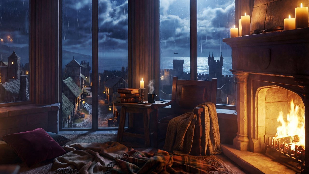 Rainy Night in a Medieval Castle Bedroom 🌧️ Cozy Fireplace & Storm Ambience for Sleep