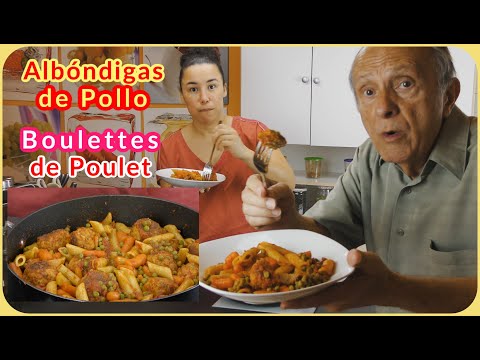 🇫🇷-boulettes-de-poulet,-légumes-et-pâtes-🇪🇦-albóndigas-de-pollo,-guisantes-y-macarrones-🇬🇧meatballs
