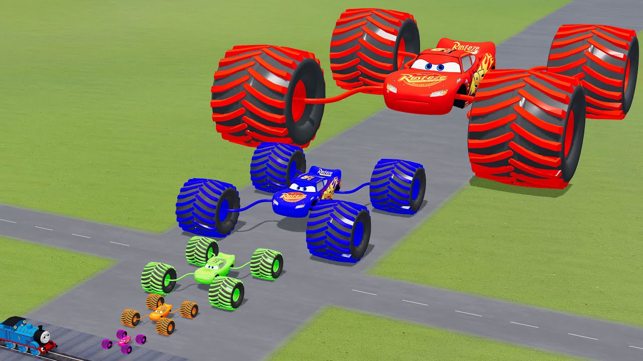 Big & Small Colors McQueen Spider with Monster Wheels VS Train | BeamNG.drive