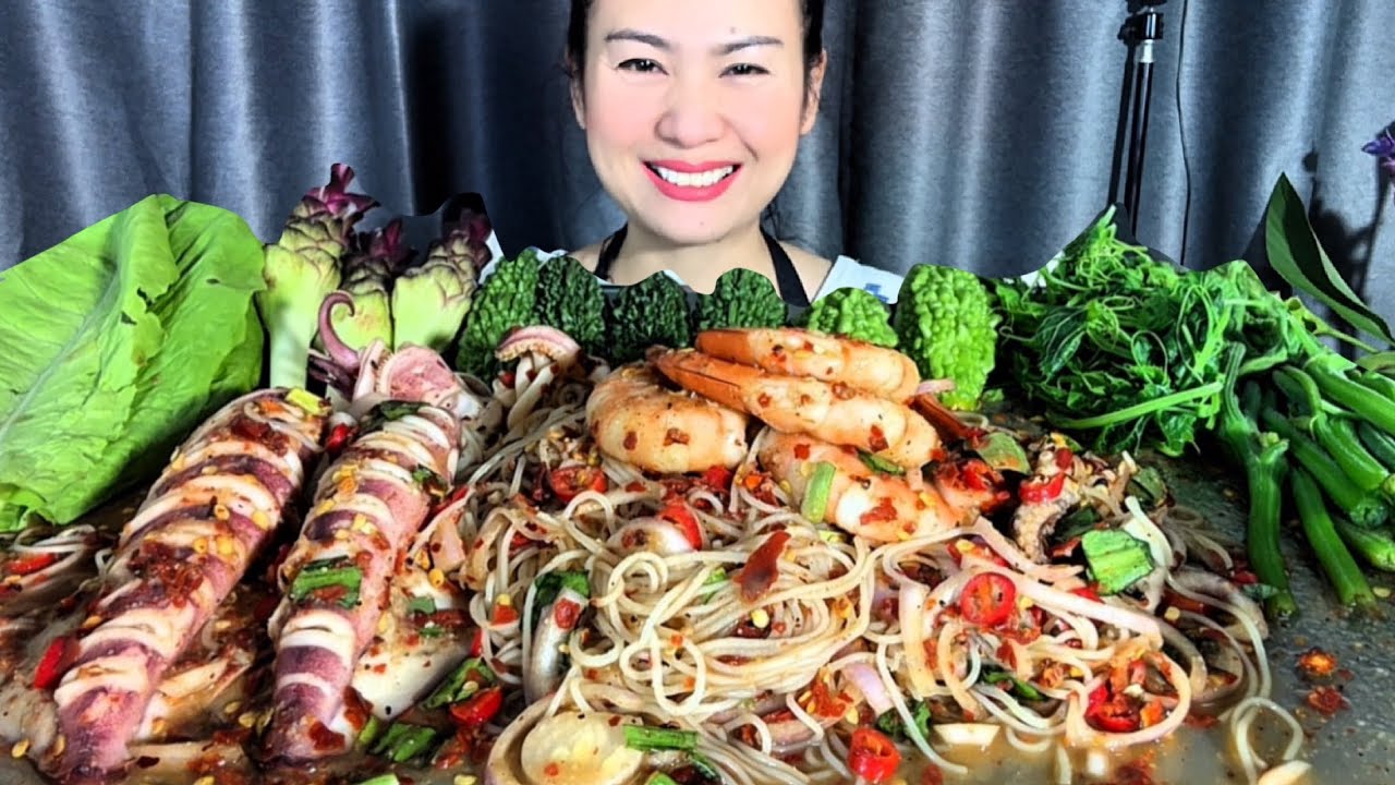 Thaifood ASMR ลาบขนมจีน กุ้งเด้ง ผักจุกๆ Shrimp Larb with Khanom Jeen MUKBANG show 