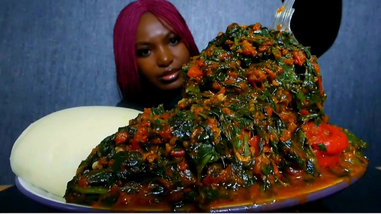 Asmr mukbang  spicy spinach soup with poundo yam fufu