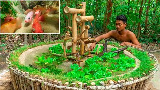 Build Unique Aquarium Fish Tank And Bamboo Water Wheel Oxygen by Ancient Skill For Red Fish