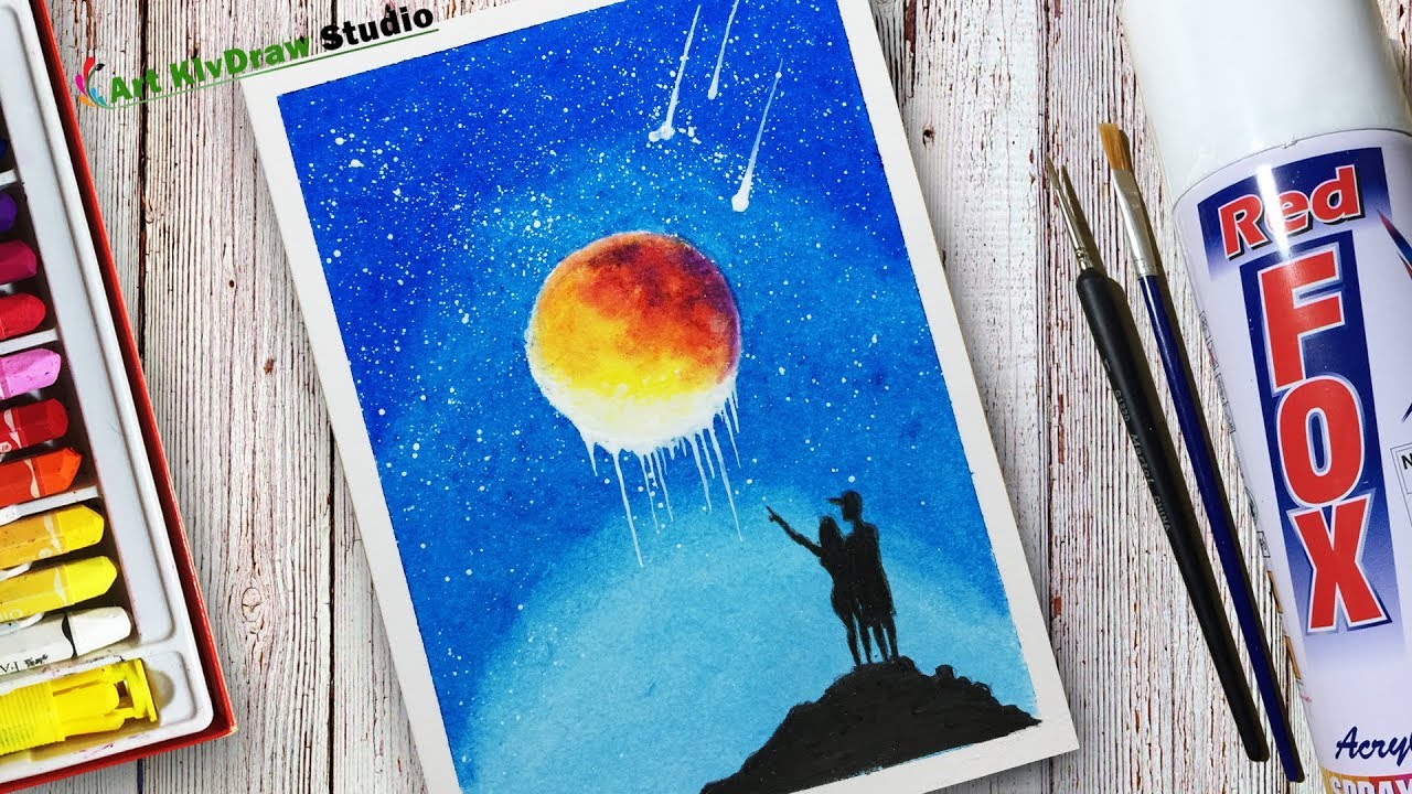 Drawing Sweet Couple at Moonlight Sky Scenery With Oil pastel step by ...