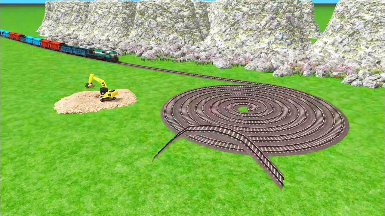 TRAINS CROSSING ROUND CIRCLES WITH RISKY BUMPY TRACKS RAILROAD RAILWORK BEANG DRIVE 