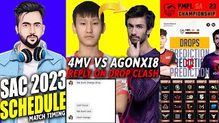 SAC MATCH TIMINGS & SCHEDULE | 4MV  REPLY ON i8 DROP CLASH ? | PMPL SAC 2023 DROPS | TOP 4 PMGC 2023