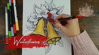 Coloring winter flowers Poinsettia with golden bells - adult coloring page | Soul Coloring