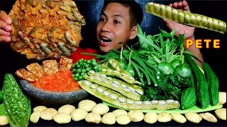 PETE SUPER ‼️ PEYEK IKAN, Jengkol muda, Pare, Oyong, Kangkung, Mukbang Lalapan Mentah, Thailand food