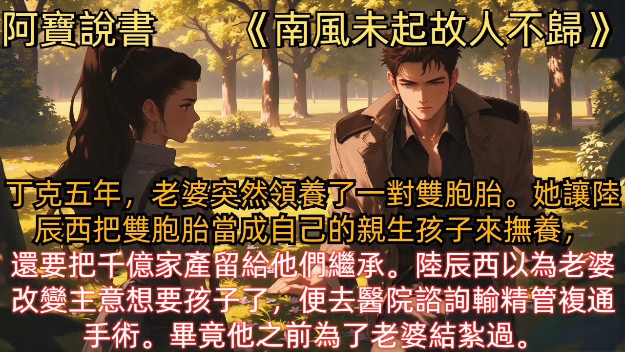 《南風未起故人不歸》丁克五年，老婆突然領養了一對雙胞胎。她讓陸辰西把雙胞胎當成自己的親生孩子來撫養，還要把千億家產留給他們繼承。陸辰西以為老婆改變主意想要孩子了，便去醫院諮詢輸精管複通手術。