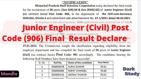 HPSSC Junior Engineer (Civil) Post Code 906 Final Result Declare ||Job Notification|| |Dark Study|