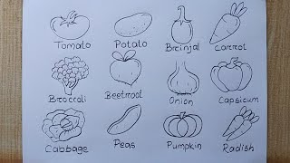 12 Different types of Vegetables drawing| How to draw different types Vegetables| Vegetables chart