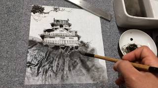 水墨画 城と風景 大判 城の水墨画