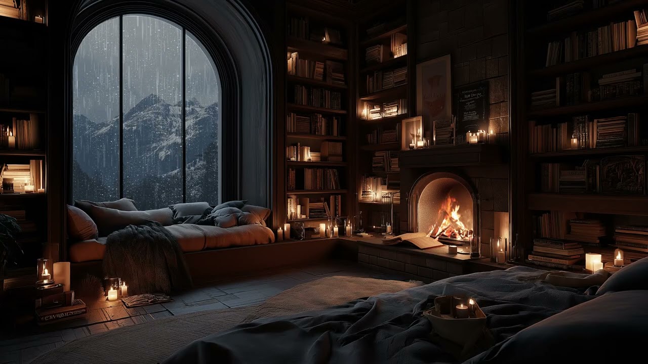 Late Night Rain by the Window ❄️ Cozy Fireplace Sounds for Sleep (3 Hours)