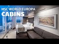 Msc world europa  cabins  inside infinite ocean view  balcony aurea suites  staterooms