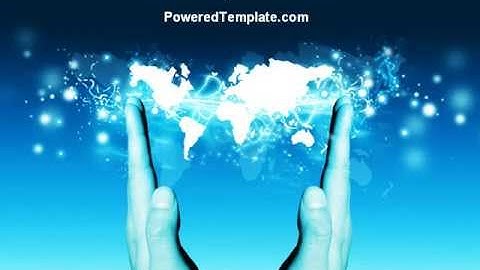 Teal World In Hands PowerPoint Template by PoweredTemplate.com