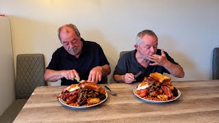 Cook full English breakfast in deep fat fryer with two old me. 
