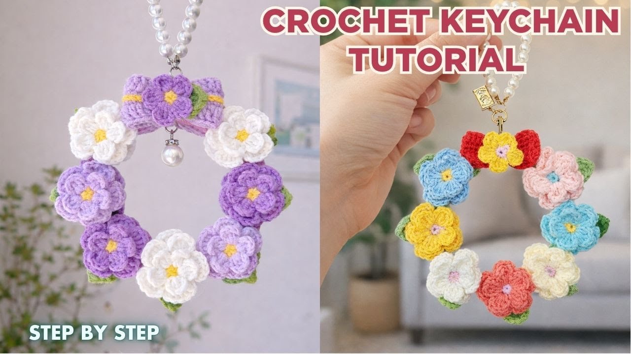 Пошаговый мастер-класс по вязанию крючком брелока 🌸 Простое кольцо с цветочным узором | Милые иде...
