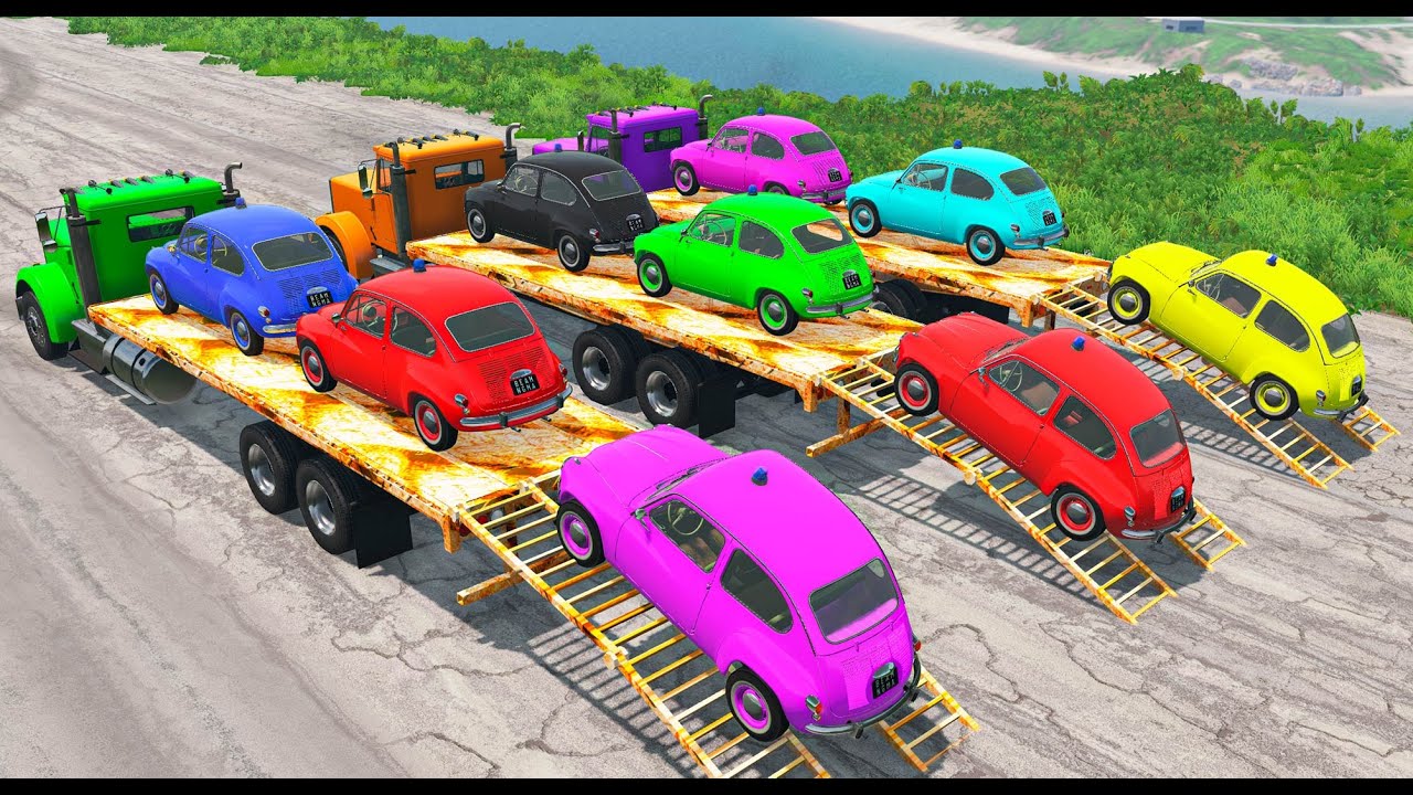 TRANSPORTING PIXAR CARS & FRUITS WITH COLORED & JOHN DEERE vs CLAAS vs TRACTORS - BeamNG.drive
