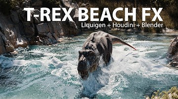 T-Rex Walks Into the Ocean – LiquiGen Fluid Sim + Houdini Whitewater FX