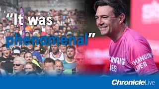 Prime Minister Andy Burnham gives an interview after finishing the Great North Run