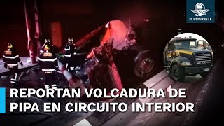 Pipa de agua potable queda calcinada tras volcadura en Circuito Interior