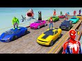 SPIDERMAN with Team Superheroes Sports Cars Racing Challenge on OLD Beach Ramp Goku Hulk Race- GTA 5