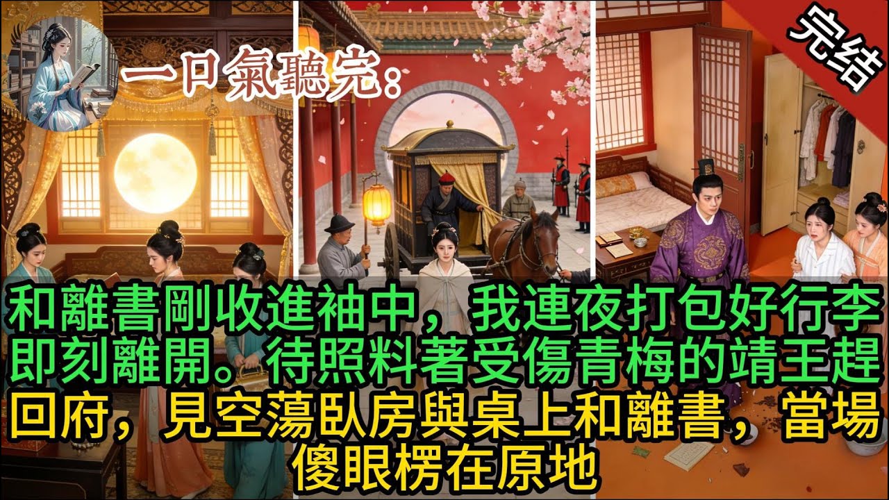 和離書剛收進袖中，我連夜打包好行李即刻離開。待照料著受傷青梅的靖王趕回府，見空蕩臥房與桌上和離書，當場傻眼楞在原地