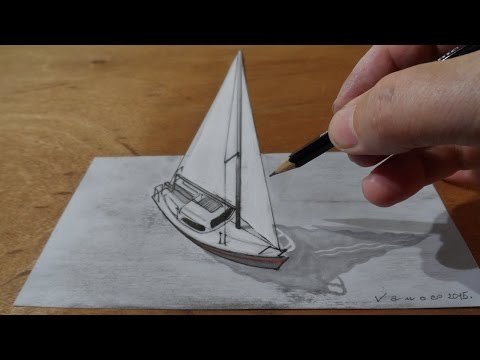 Drawing  Sailboat, 3D Trick Art on Paper