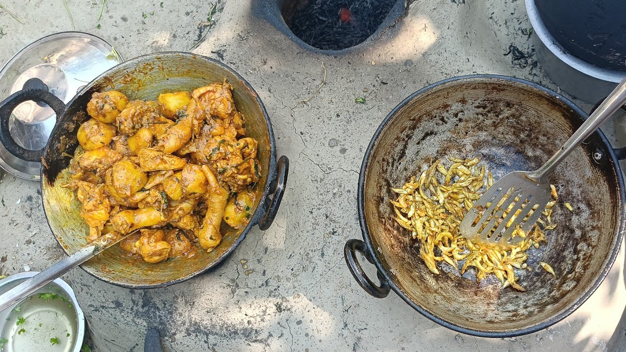 🐔 মুরগির মাংস রান্না 🐟 মাছের তেতো আলু ভাষা ডিম ভাজা 