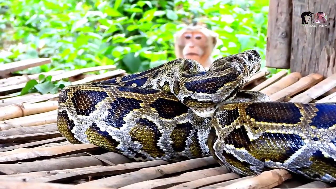 Wow ! Big Python Hungry Monkey Group Charlie Very Shout Out When See Big Snake | Popular Daily