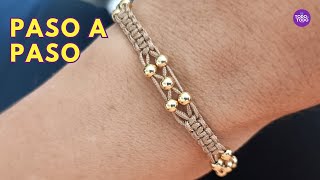 👉 Pulsera de hilo tejida en MACRAMÉ con Nudo PLANO y balines. Paso a paso. 