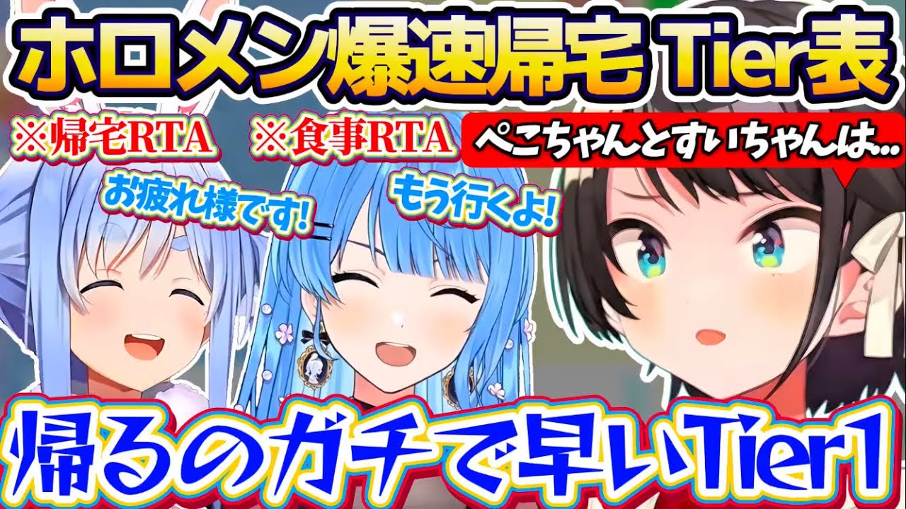 【Tier表】帰宅RTA最速のぺこらに続き、食事RTA&爆速帰宅でスバルの『ホロメン爆速帰宅Tier表』を更新してしまうすいちゃんw【ホロライブ切り抜き/大空スバル/兎田ぺこら/星街すいせい】