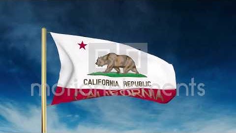 California Flag Slider Style With Title. Waving In The Wind With Cloud Backgroun Stock Animation