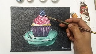 How to draw a blueberry cupcake, easy acrylic painting tutorial for beginners, satisfying acrylic