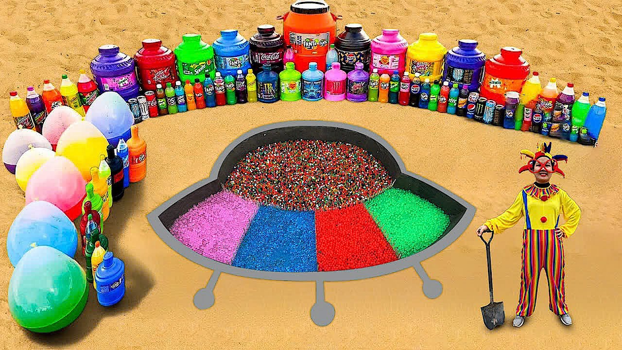 How To Make A Rainbow Flying Saucer With Orbeez, Balloons, Giant Coca Cola, Fanta, Pepsi With Mentos