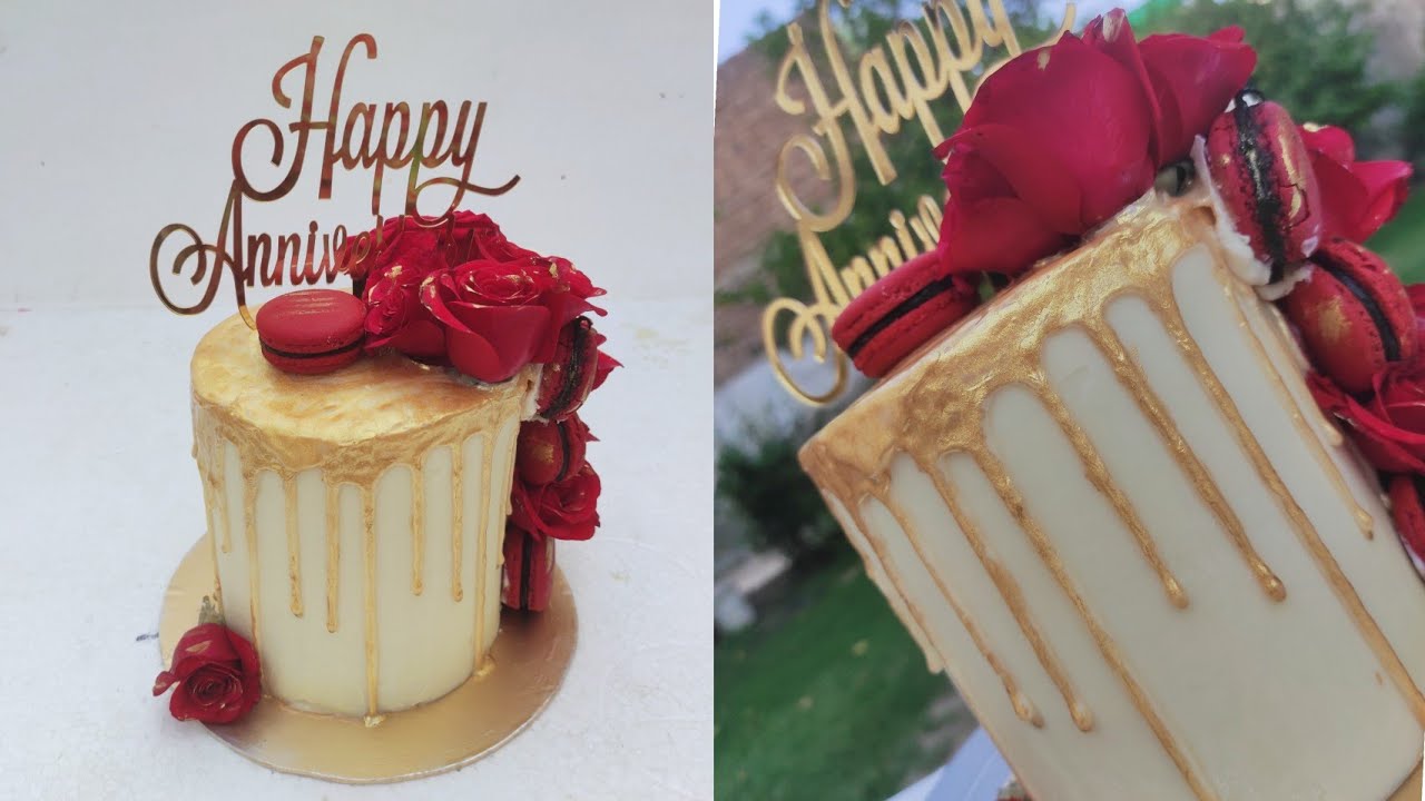 how to make tall cake with fresh flowers & macrons red&white cake