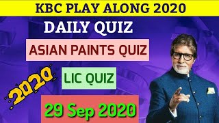 29 Sep 2020 | Daily Quiz | KBC Play Along 2020 | Asian Paints Quiz | LIC Quiz | Play Along Answers screenshot 5