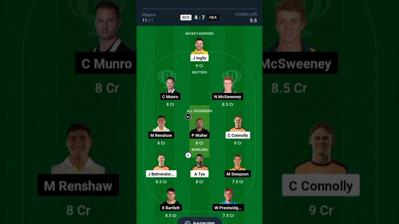 Australian T20 League Bash SCOvsHEA Dream11 Match Prediction 