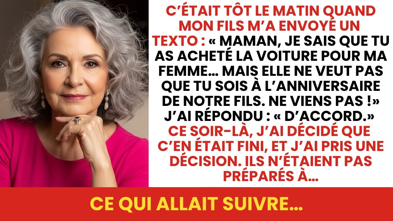 Il était trois heures du matin quand mon téléphone a vibré. Le message de mon fils Thomas a illuminé la pièce, et chaque mot s’est enfoncé comme une lame. « Maman, elle ne veut pas que tu viennes...