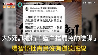 CTWANT 政治新聞 / 大S死訊遭指「藍白擋罷免的陰謀」　楊智伃批青鳥沒有道德底線