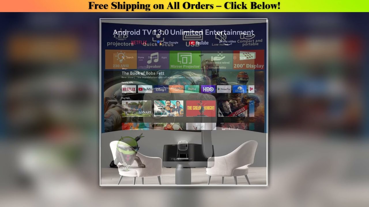 Projector 230 ANSI Lumens Android 13.0 Beamer 4K Smart Projectors Outdoors Full HD 1080P Video