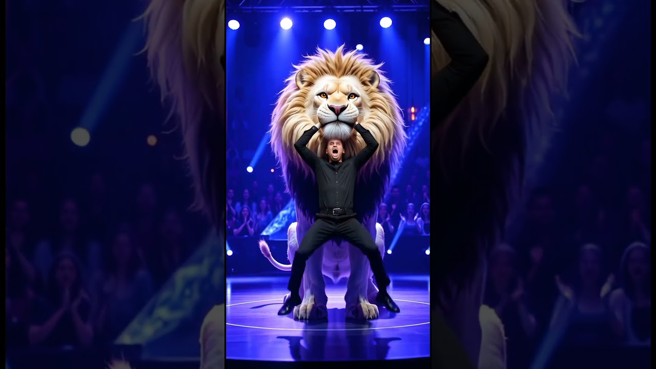 A men in American got talent show with white Lion with fusion