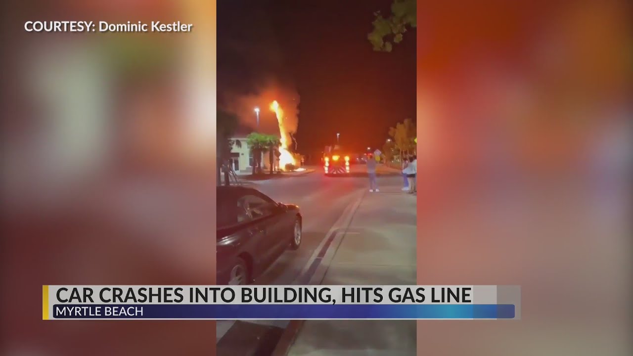 Car crashes into building, catches on fire in Myrtle Beach - YouTube