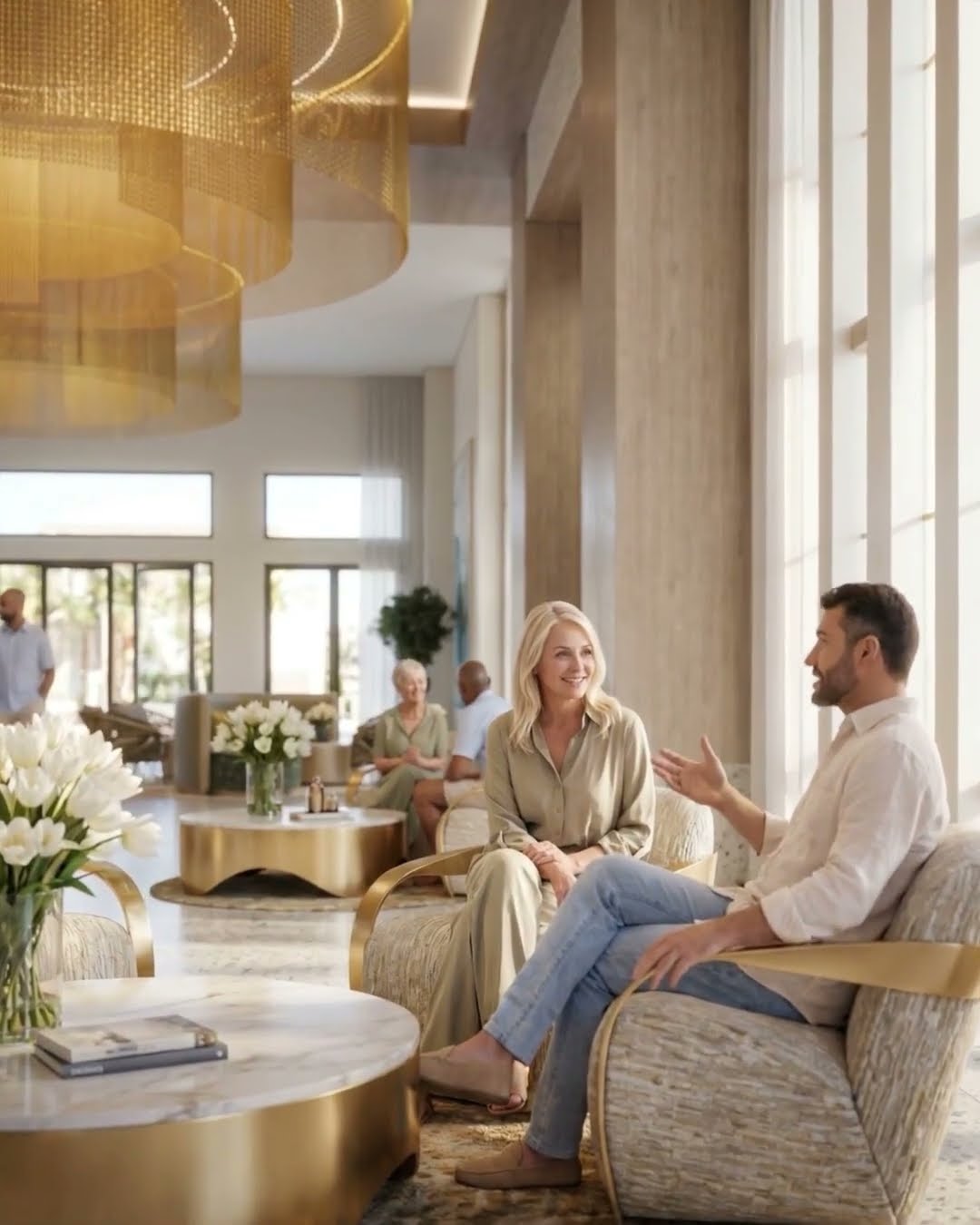 Two people sit and chat in a bright, modern lounge with large windows, gold decor, elegant lighting, and white flowers on tables. Other people relax in the background, creating a welcoming, upscale atmosphere.