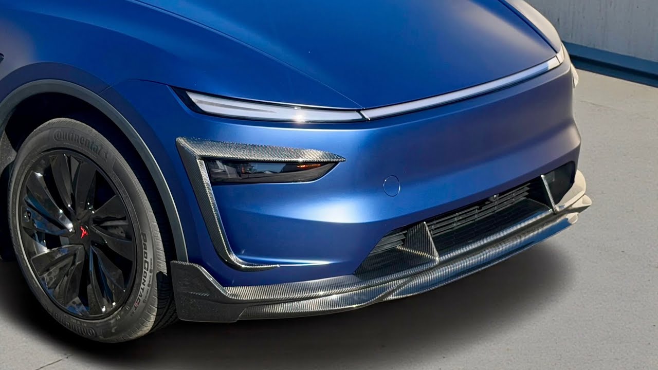 2026+ | Model Y Colossal Front Lip Overlay Spoiler   Real Dry Molded Carbon Fiber