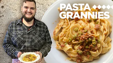 Paolo rolls a super large pasta sheet to make tagliatelle with sausage & peas!