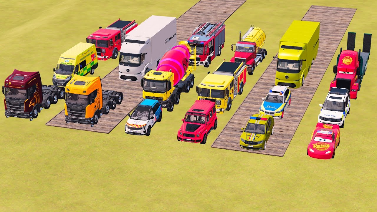 Triple Flatbed Trailer McQueen Transportation with Truck - Speedbumps vs Cars vs Train - FS22 #21