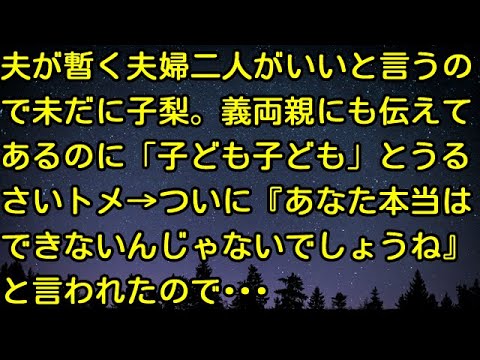 【スカッとする話】夫が暫く夫婦二人がいいと言うので未だに子梨。義両親にも伝えてあるのに「子ども子ども」とうるさいトメ→ついに『あなた本当はできないんじゃないでしょうね』と言われたので・・・