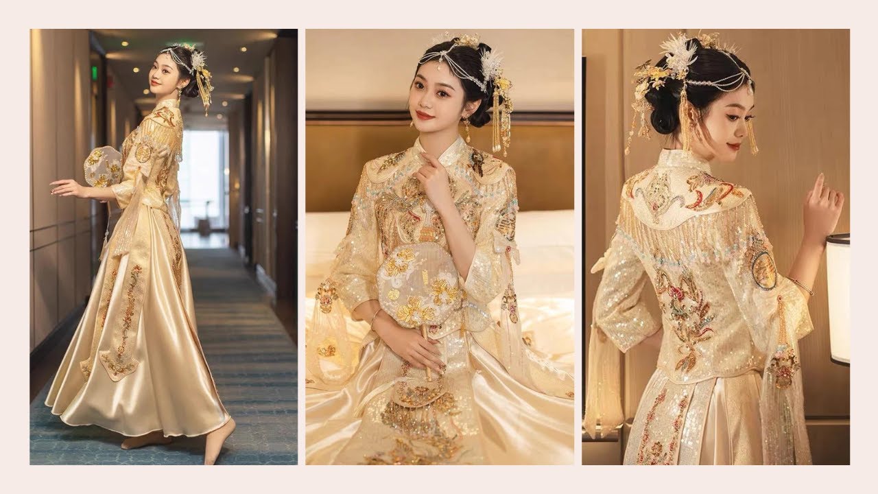 Beige with Gold and Silver Embroidery Wedding Dress